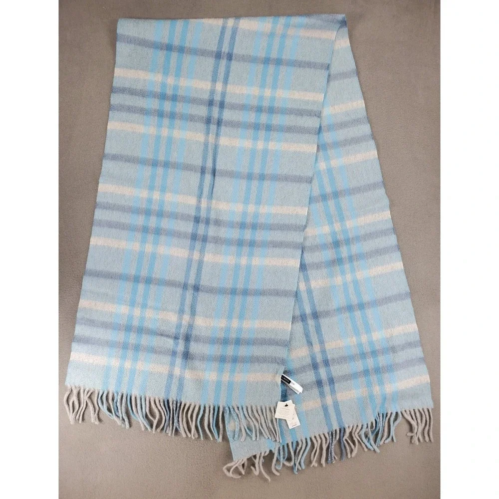 Talbots 100% Cashmere Knit Scarf Unisex Blue Plaid Neck Wrap Cozy Warm Comfy NEW